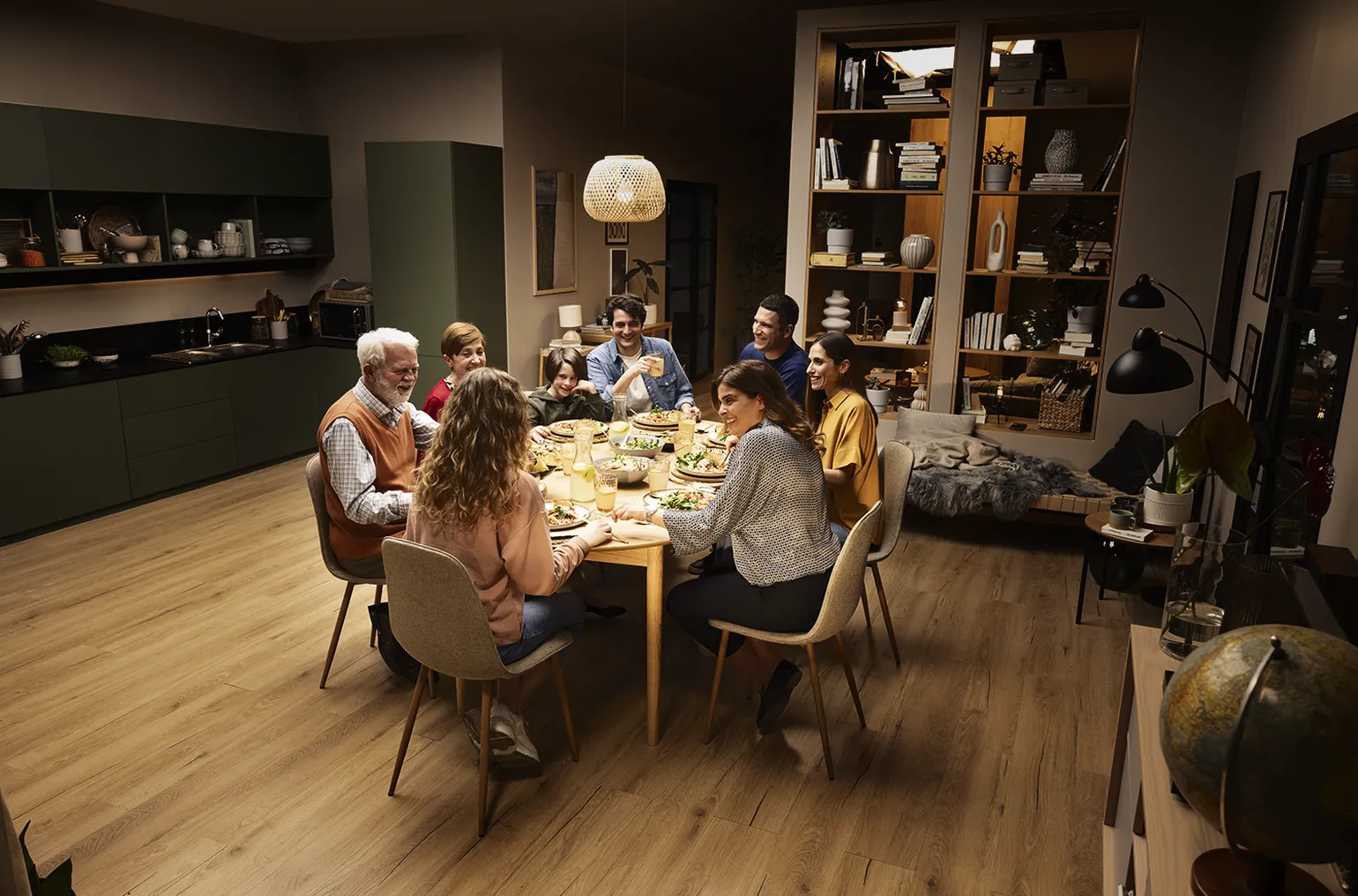 The same scene color graded to warm, cozy evening light