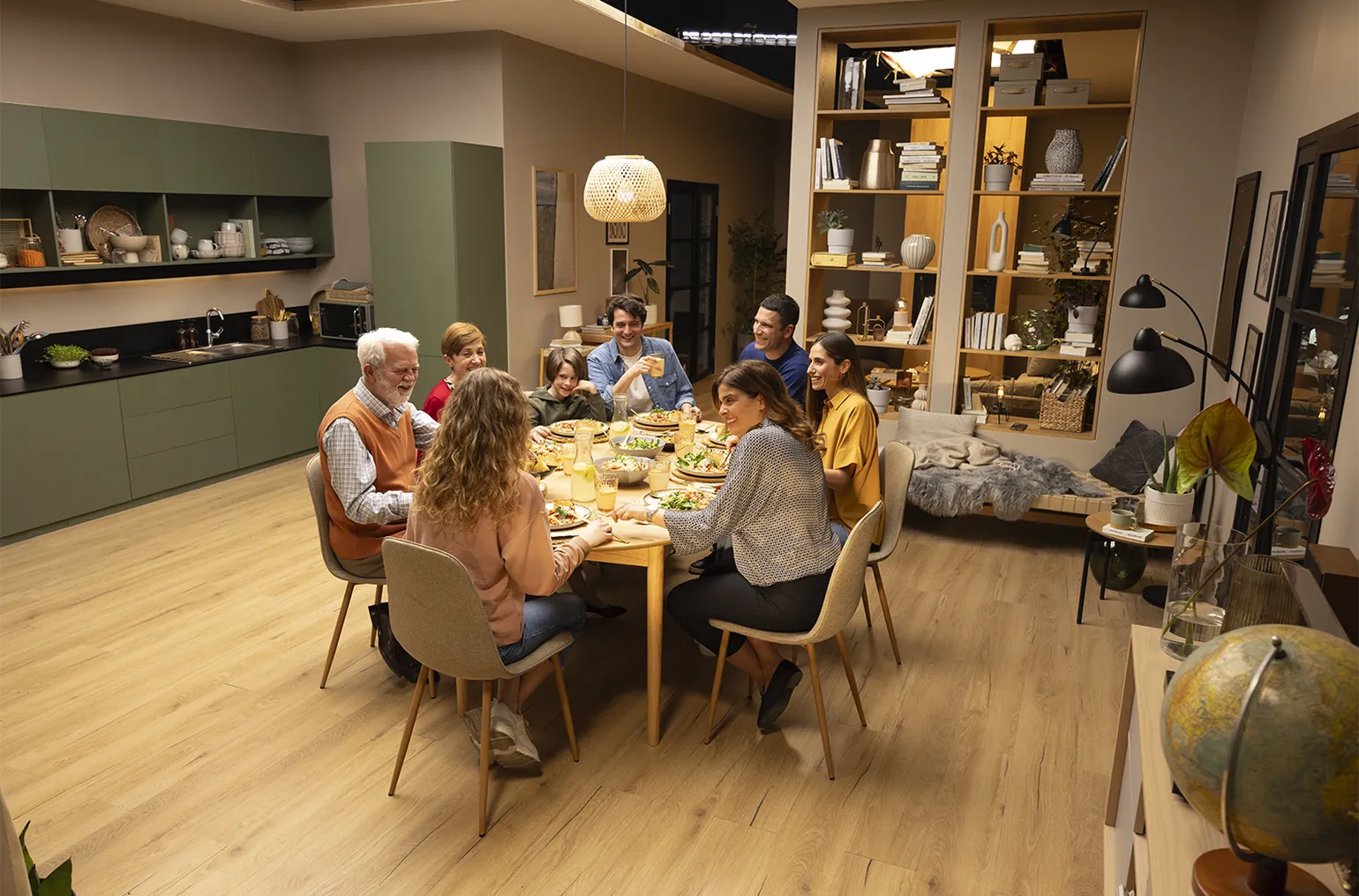 A family dinner in an open kitchen, shot flat and overly bright